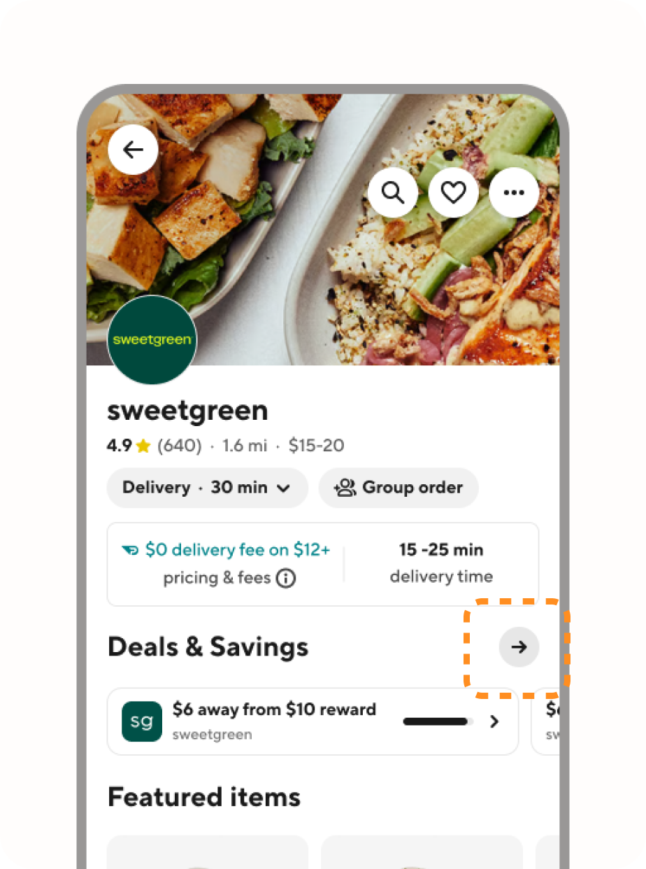 Store page Deals & Savings section showing reward progress and a highlighted entry arrow.
